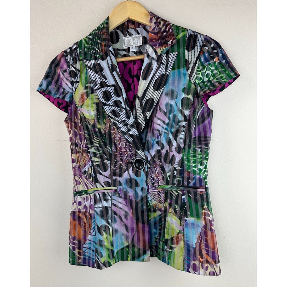 Alberto Makali Blazer Size 4 Short Sleeve Animal Butterfly Print Light Jacket - Picture 3 of 14